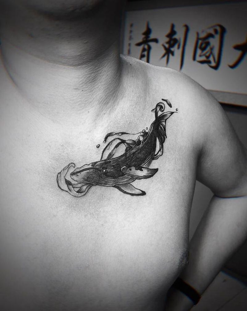 覆盖字母鲸鱼纹身图片_胸部水墨纹身图案
