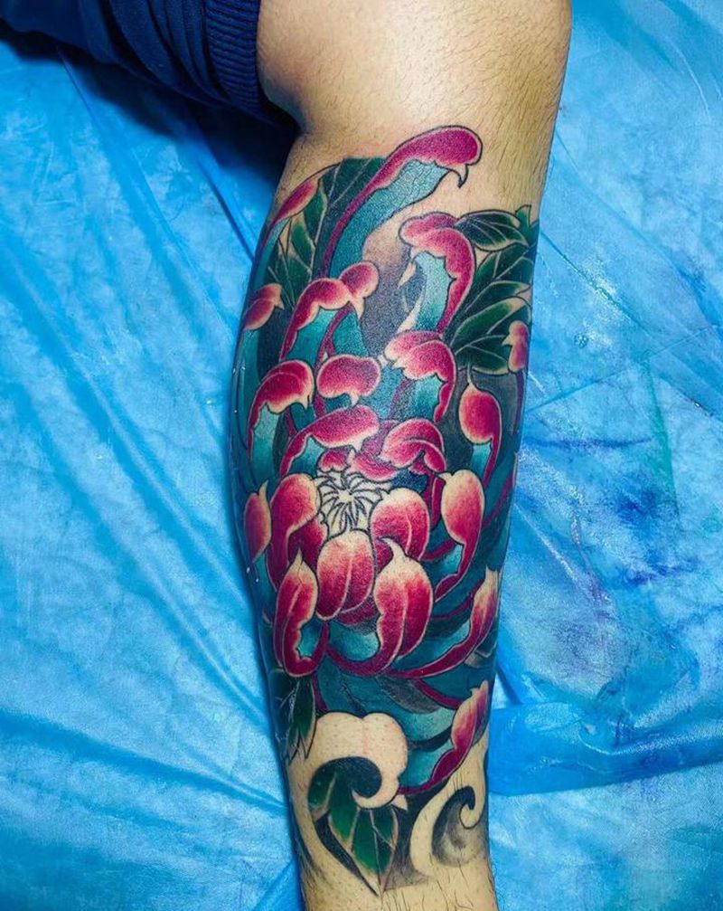 菊花纹身图片_腿部纹身图案