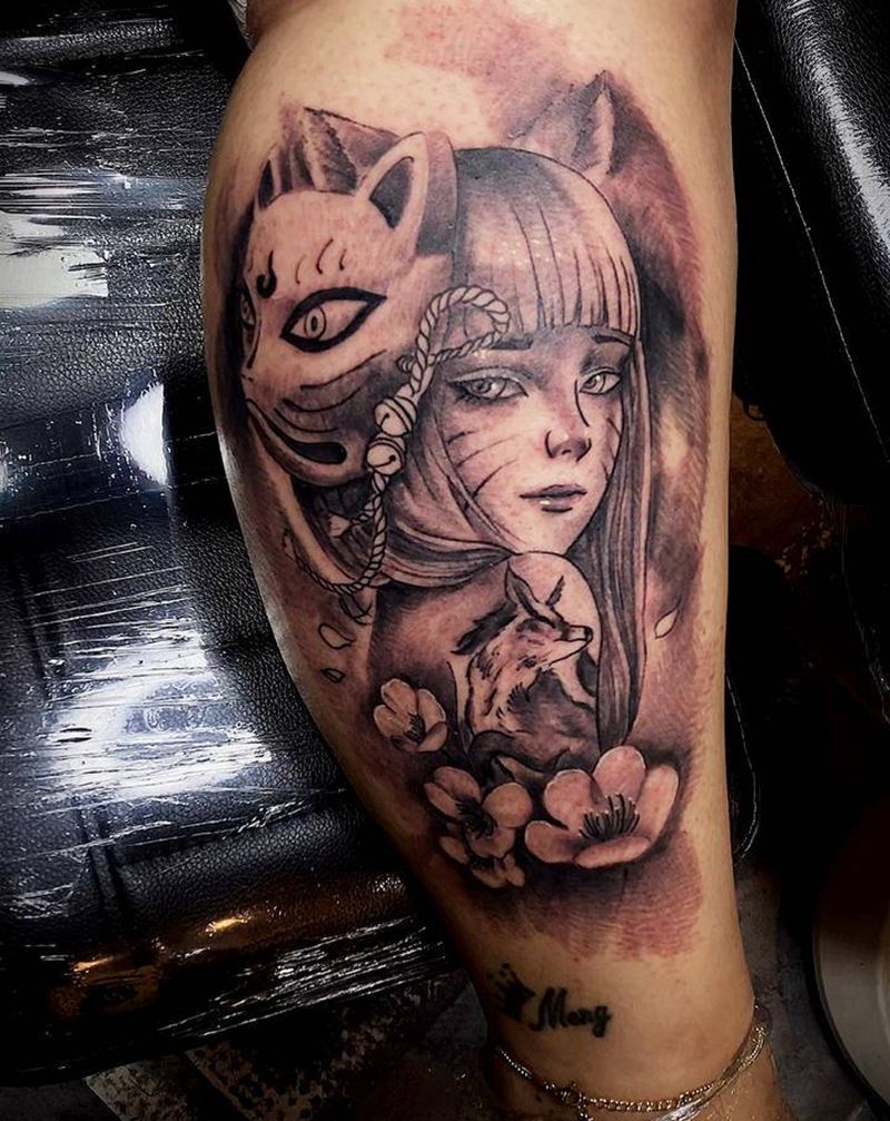 鸣人同人纹身图片_腿部新传统欧美写实纹身图案