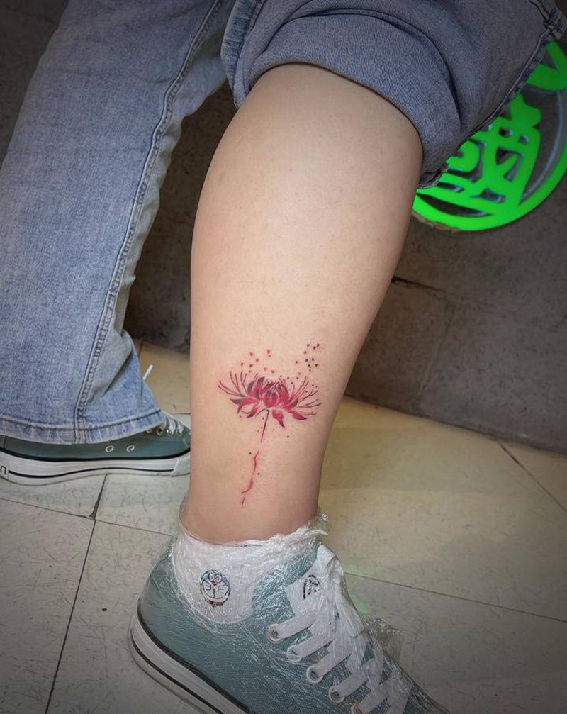 彼岸花纹身图片_腿部水彩纹身图案