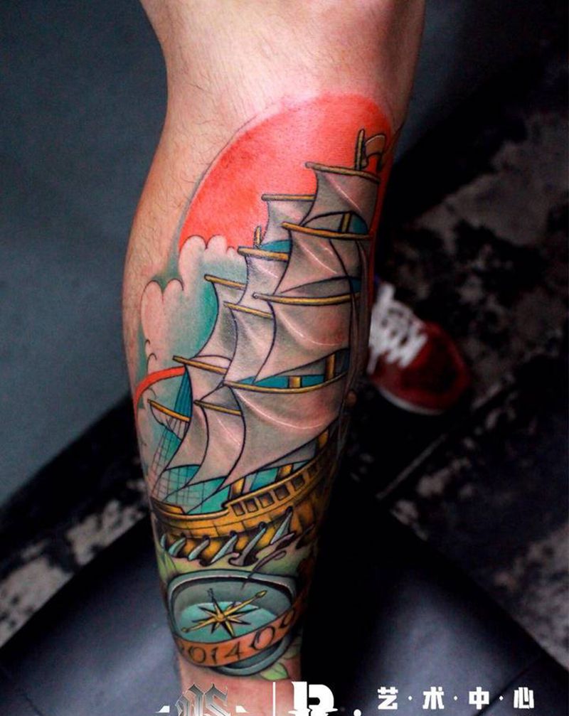 小腿作品帆船纹身图片_腿部New School纹身图案