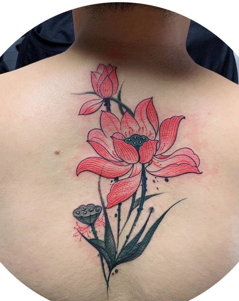 荷纹身图片_腹部纹身图案