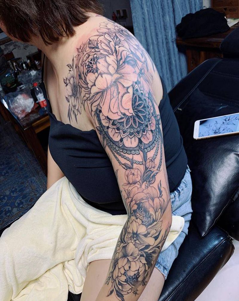 素花花臂纹身图片_手臂纹身图案