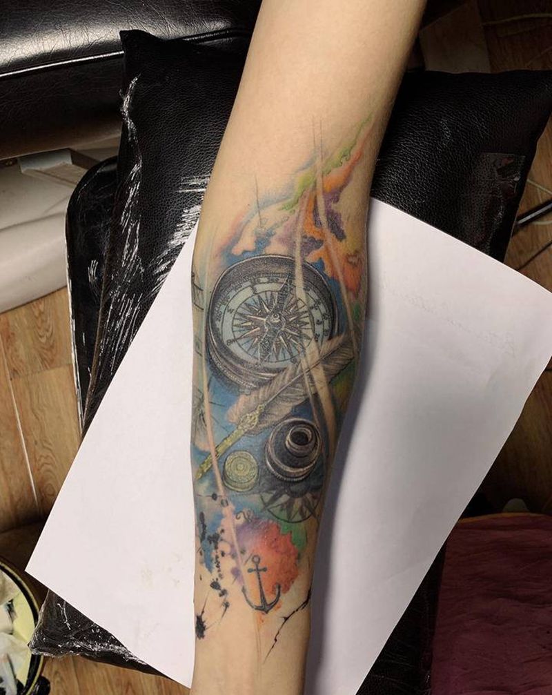 指南针玫瑰纹身图片_手臂欧美写实纹身图案