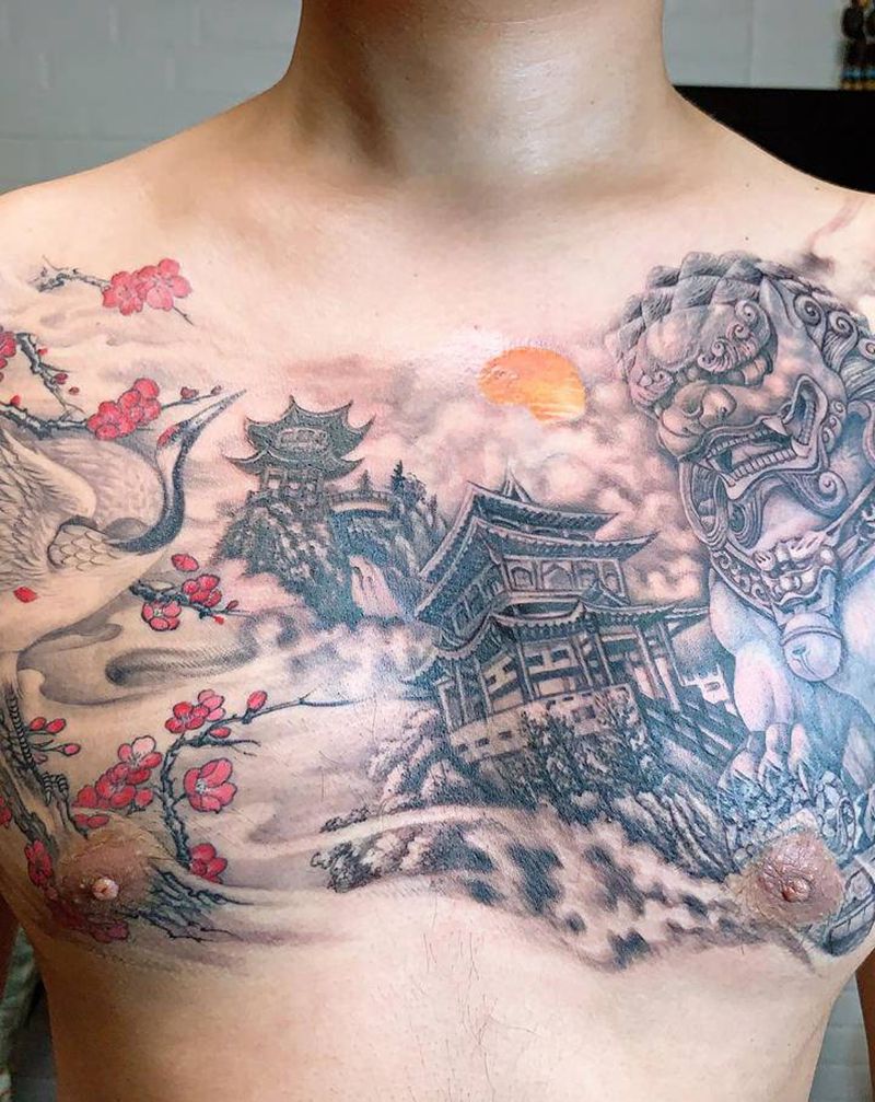 福狮仙鹤纹身图片_胸部纹身图案