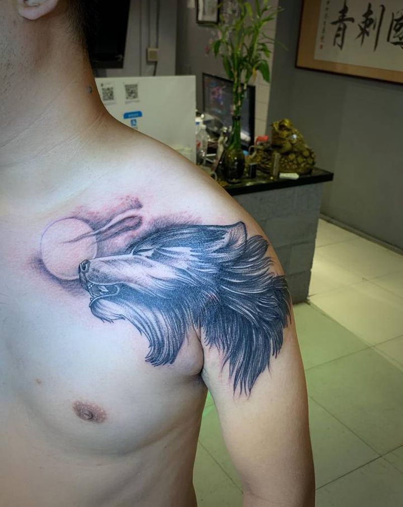 狼头纹身图片_胸部点刺纹身图案