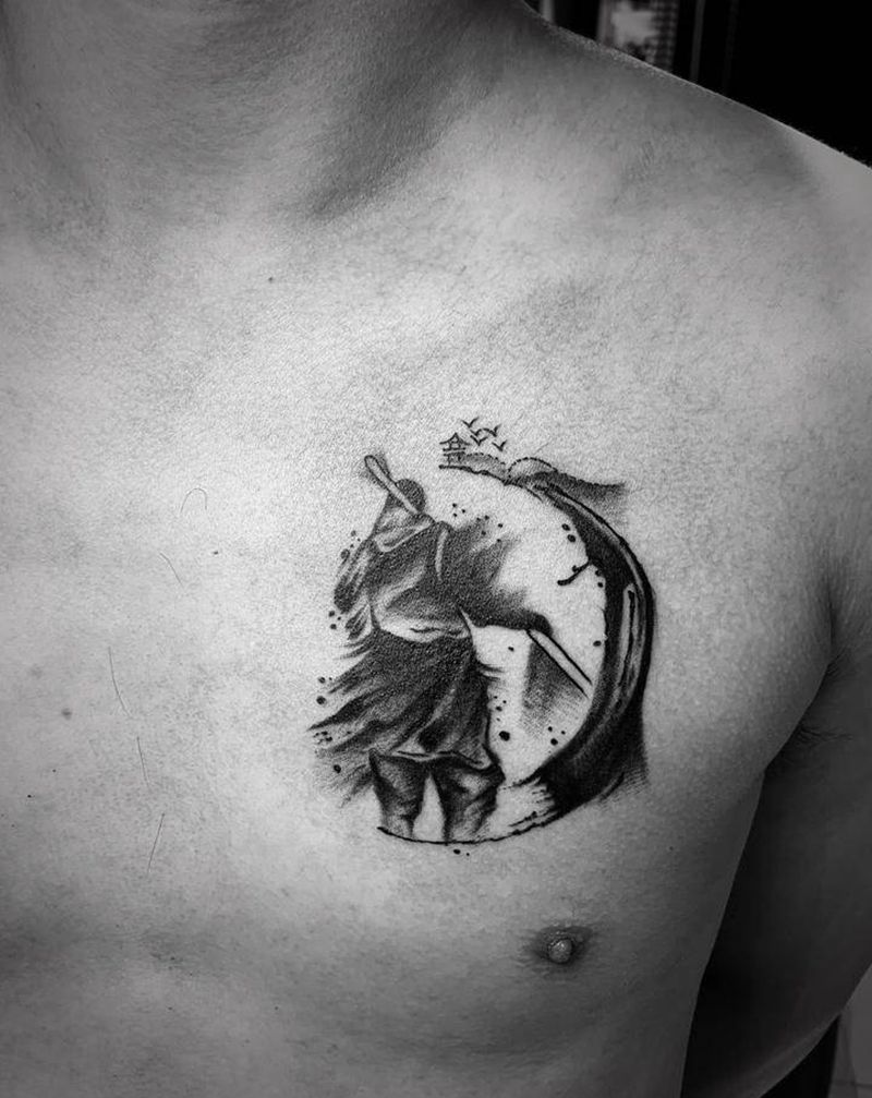 至尊宝纹身图片_胸部水墨纹身图案