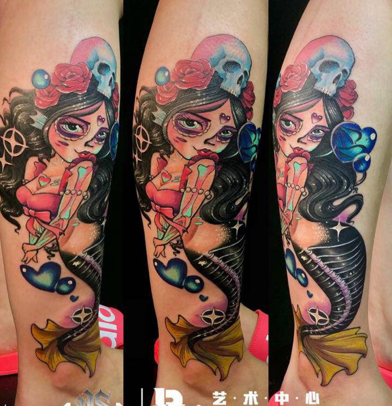 美人鱼纹身图片_腿部纹身图案