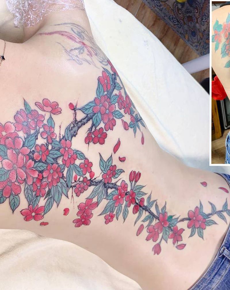 樱花纹身图片_背部欧美写实纹身图案