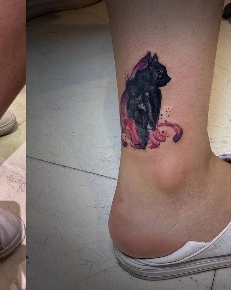 猫纹身图片_腿部水彩纹身图案