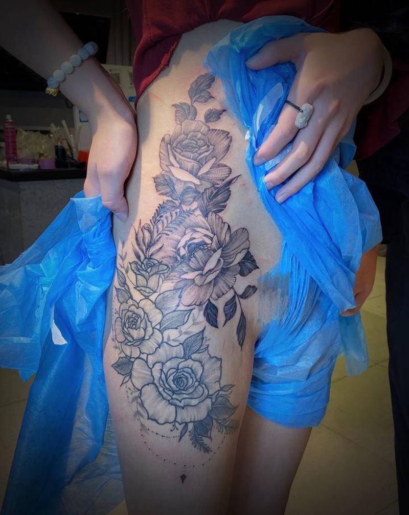 花纹身图片_腿部点刺纹身图案