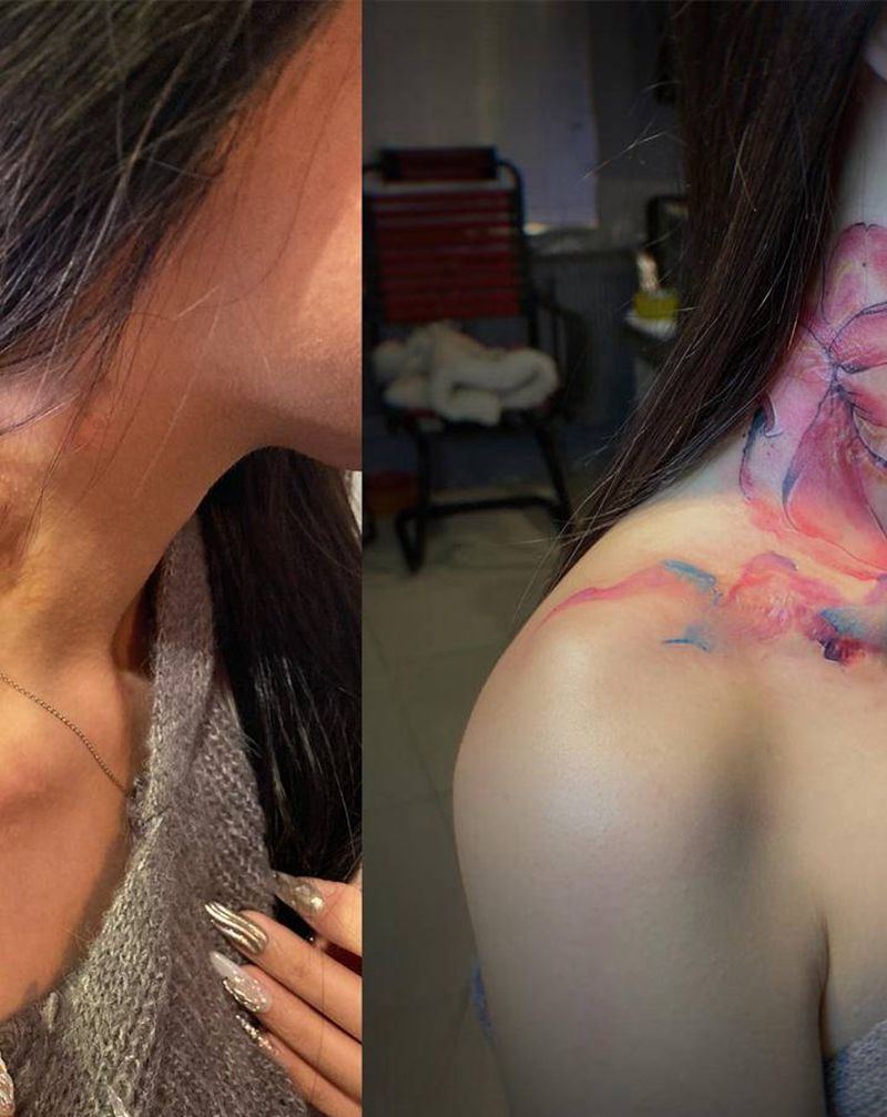 覆盖疤痕纹身图片_颈部水彩纹身图案
