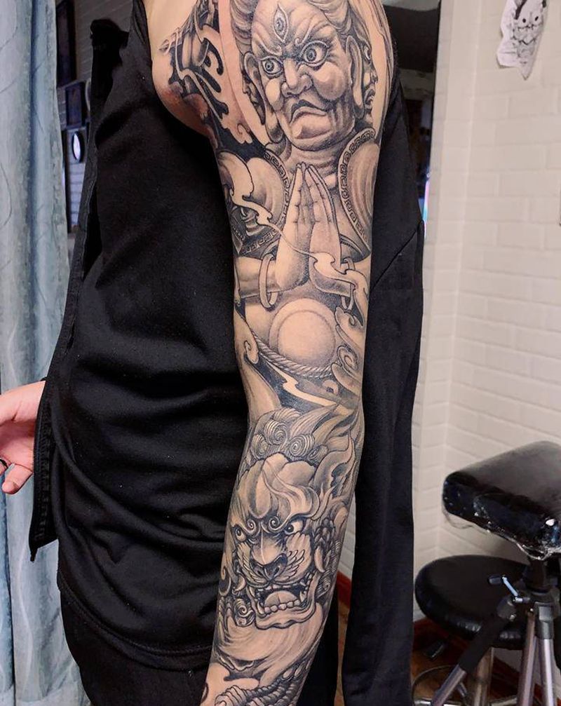 阿修罗花臂纹身图片_手臂新传统纹身图案