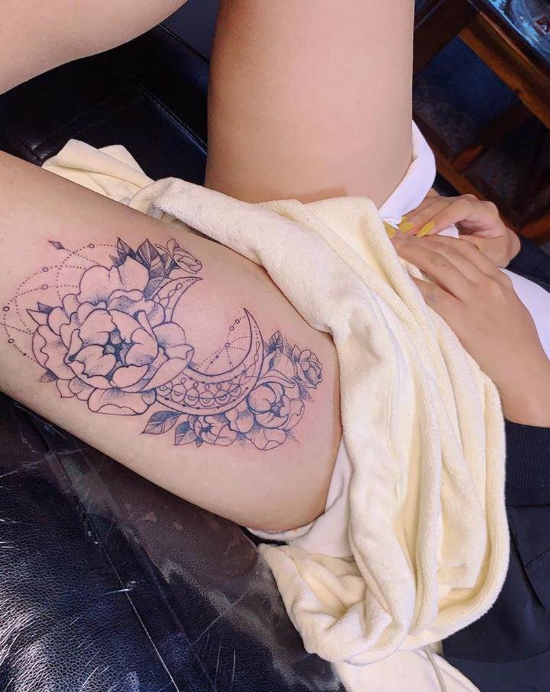 素花纹身图片_腿部纹身图案