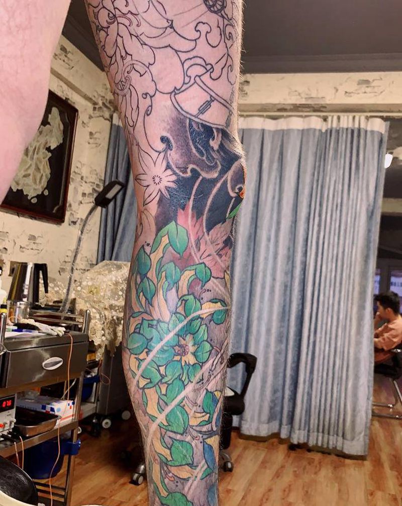 菊花武士纹身图片_腿部老传统新传统纹身图案