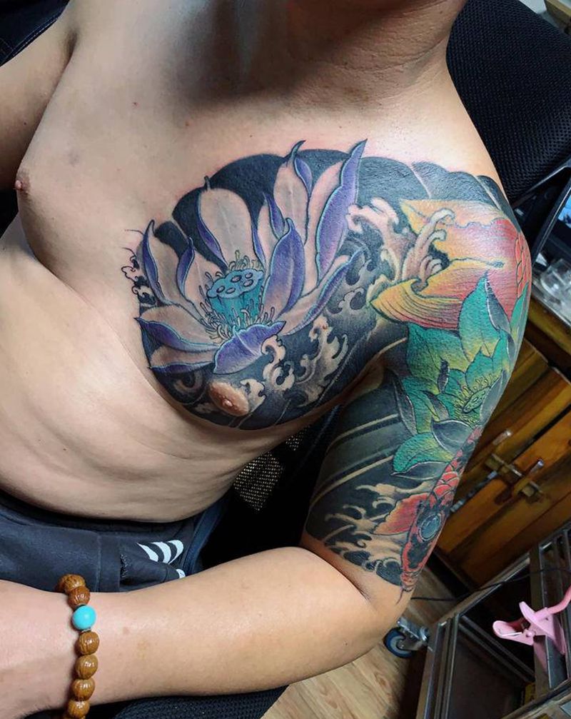 鲤鱼遮盖纹身图片_手臂胸部新传统纹身图案