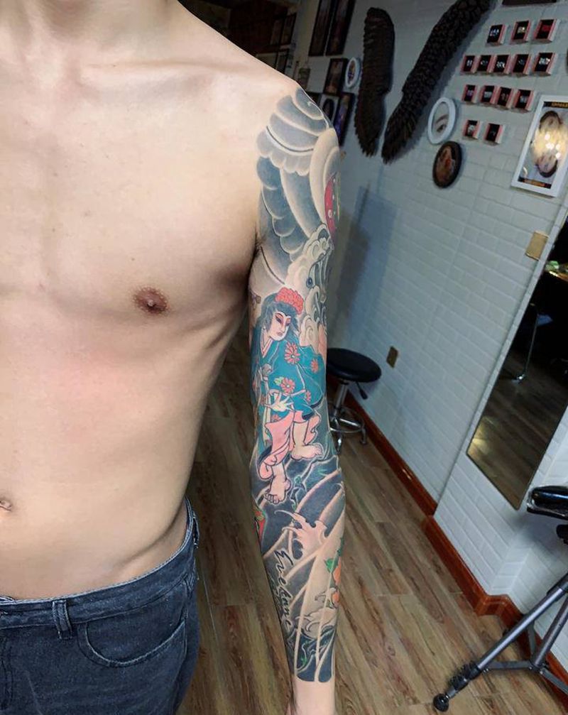 花臂纹身图片_手臂肩部老传统纹身图案