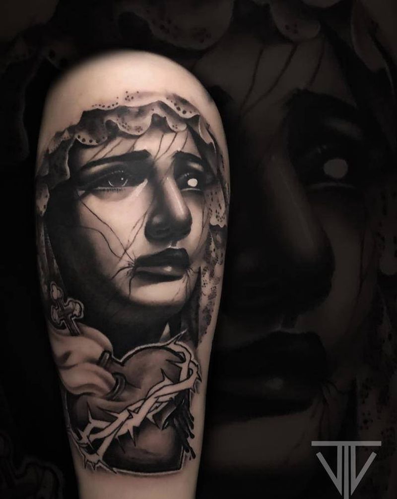 圣母 未完成纹身图片_手臂欧美写实纹身图案