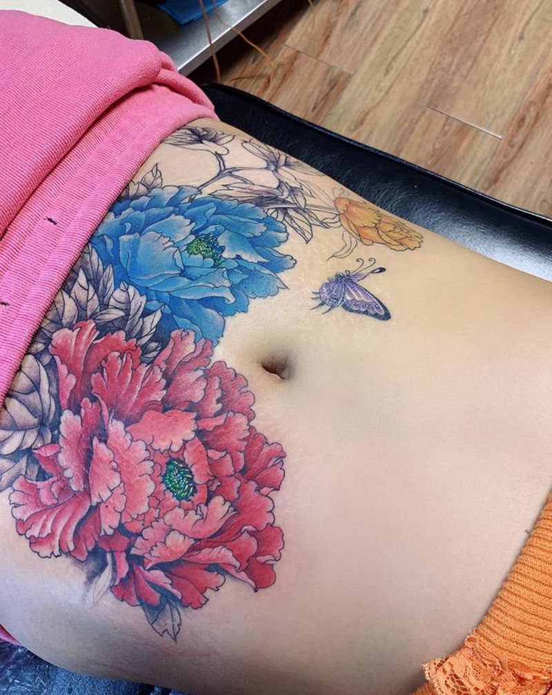 牡丹遮盖妊娠纹纹身图片_腹部新传统纹身图案