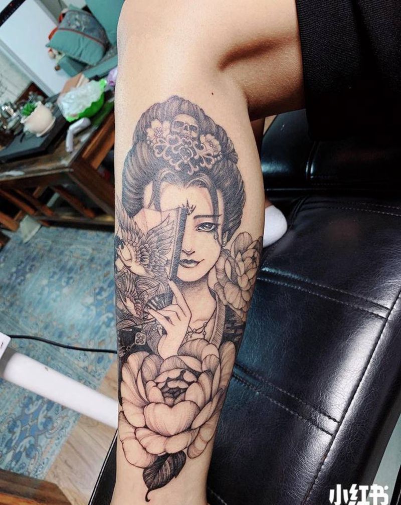 艺伎纹身图片_腿部纹身图案
