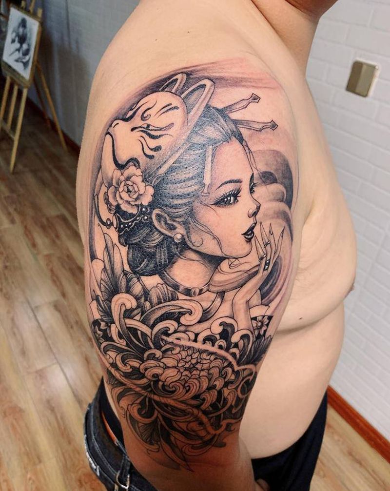 艺伎青衣纹身图片_手臂新传统纹身图案