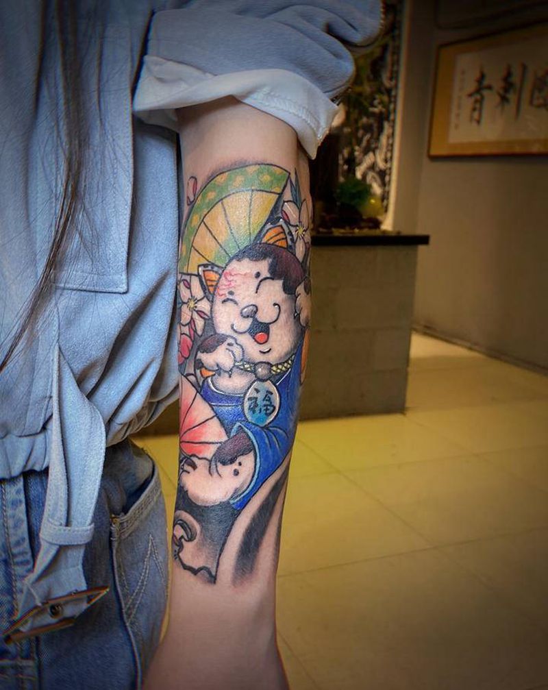 招财猫纹身图片_手臂新传统纹身图案