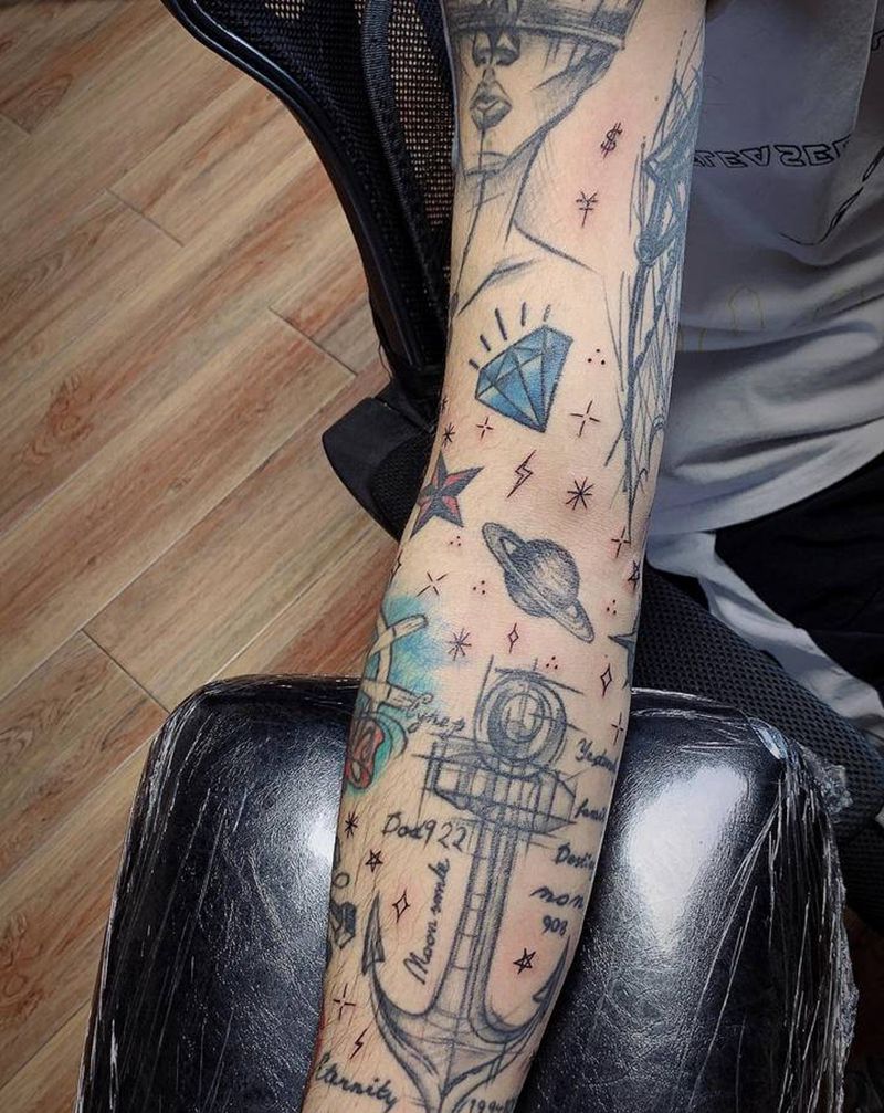 小图拼花臂纹身图片_手臂Old School几何纹身图案