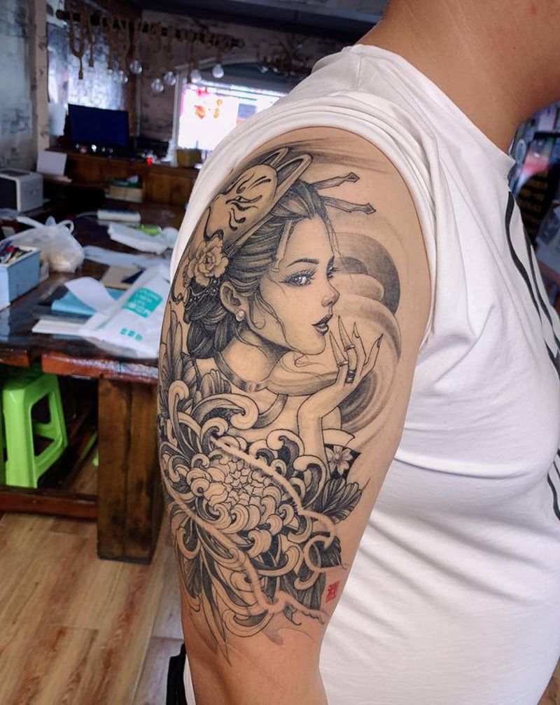 艺伎仕女图纹身图片_手臂新传统纹身图案