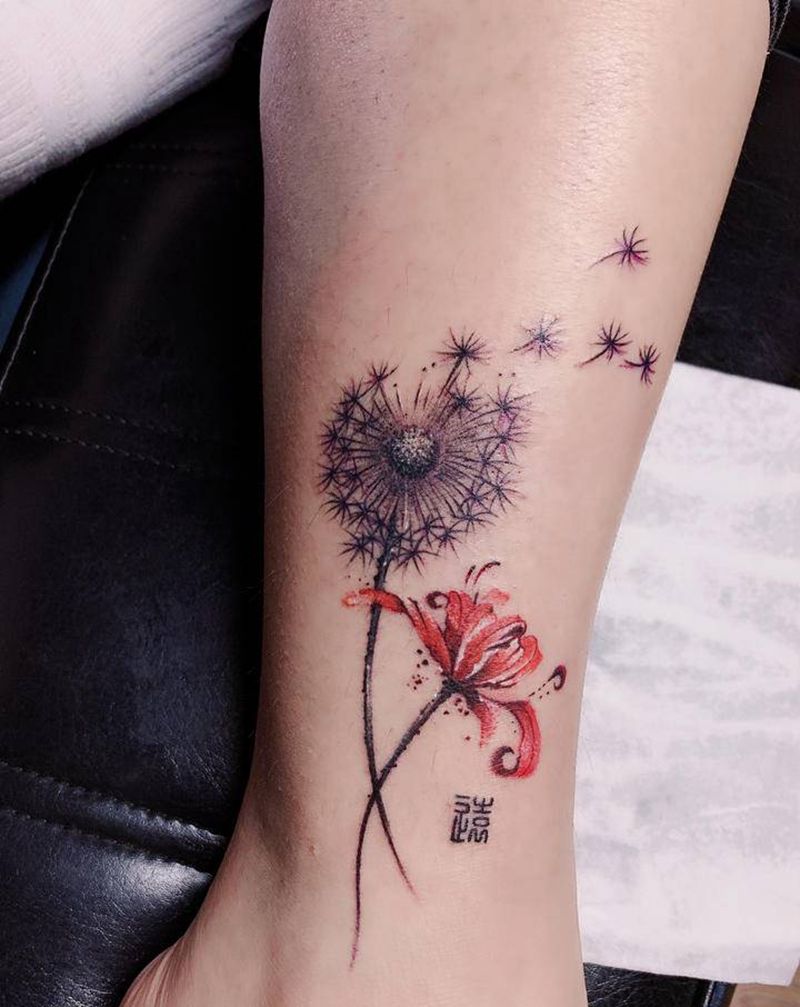 彼岸花蒲公英纹身图片_腿部新传统纹身图案