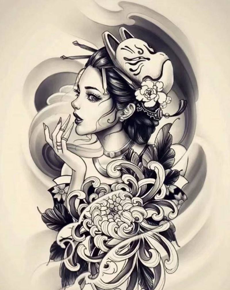 艺伎仕女图纹身图片_肩部手臂新传统纹身图案