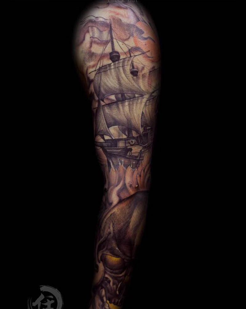 骷髅帆船纹身图片_手臂纹身图案