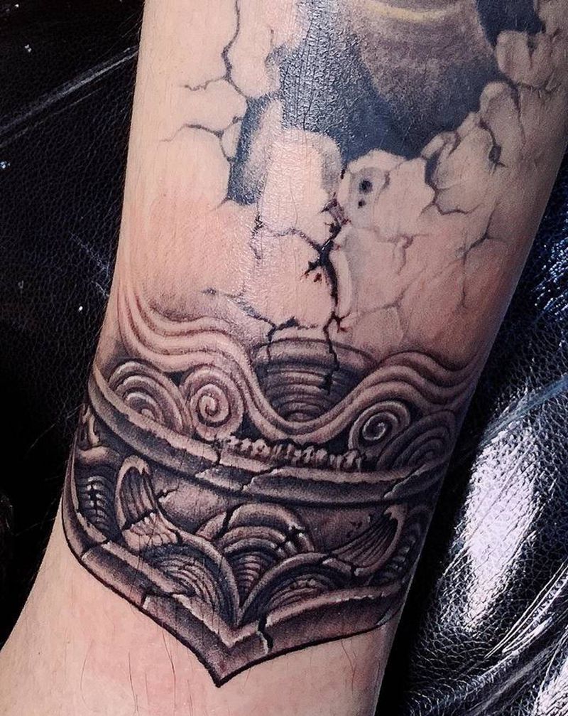 蛇石壁纹身图片_腿部新传统纹身图案