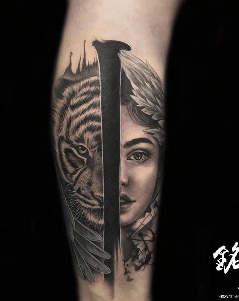 一辈子纹身图片_腿部欧美写实纹身图案