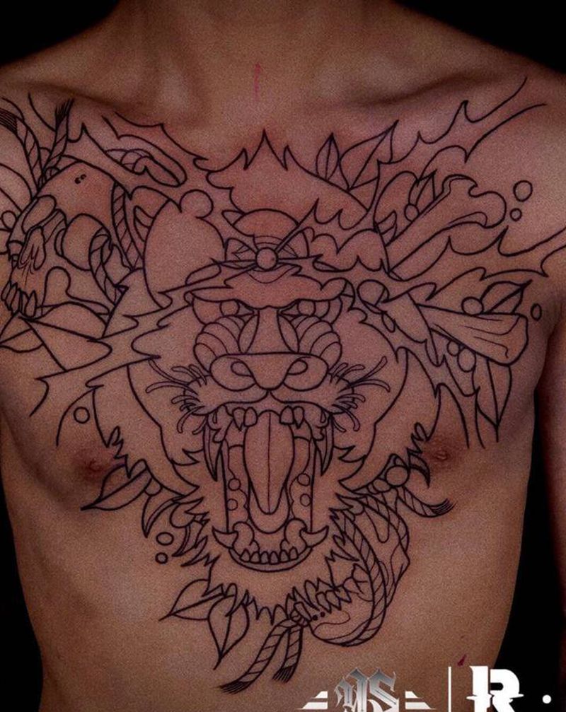 店内作品纹身图片_胸部腿部纹身图案