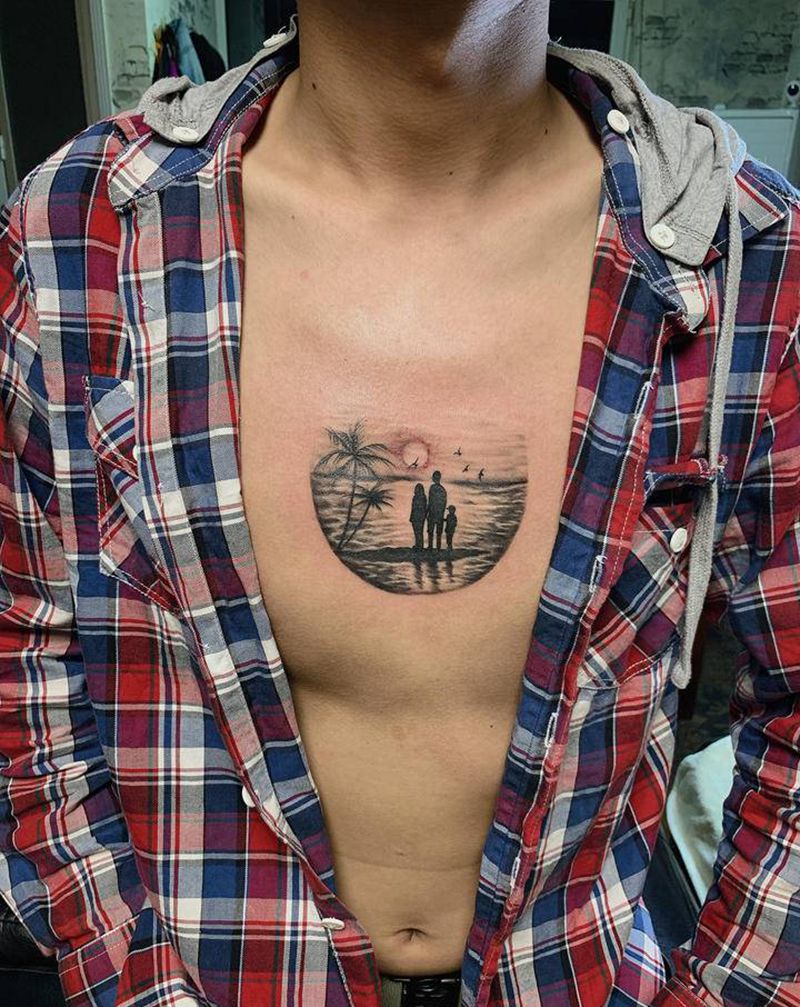 一家三口纹身图片_胸部点刺纹身图案