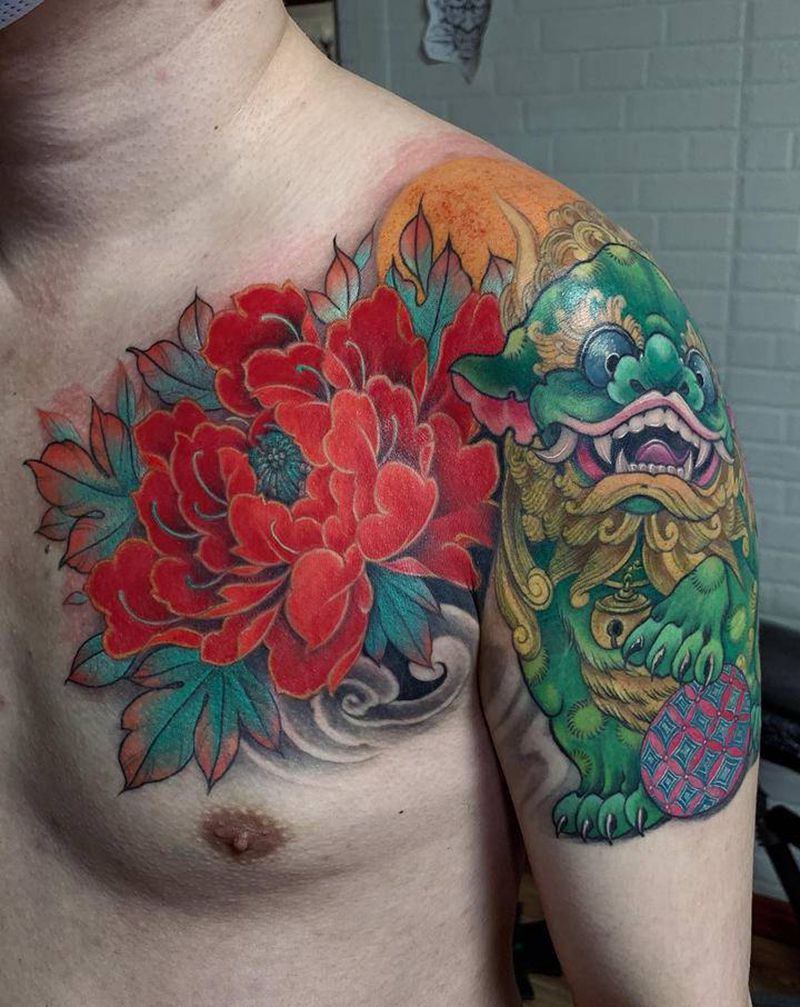 唐狮牡丹纹身图片_手臂胸部新传统纹身图案