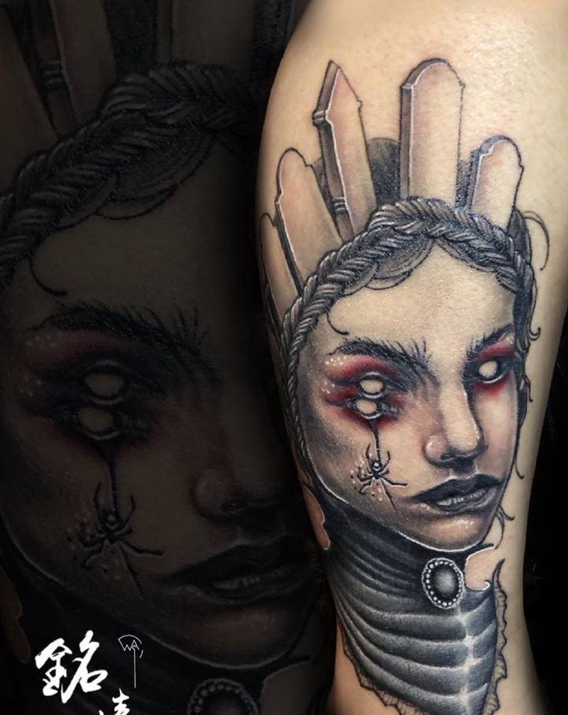 暗黑遮盖纹身图片_腿部欧美写实纹身图案