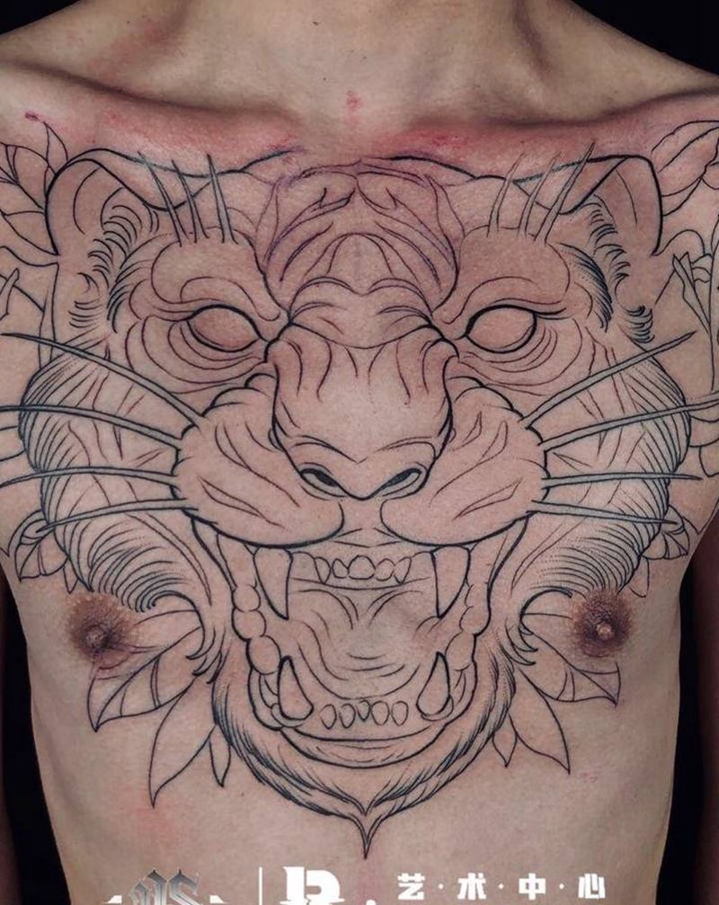 School花胸割线完成纹身图片_胸部欧美写实New School纹身图案