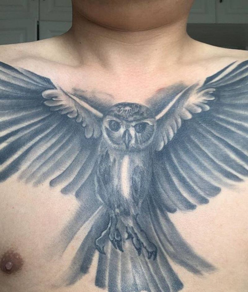 猫头鹰修改纹身图片_胸部欧美写实纹身图案