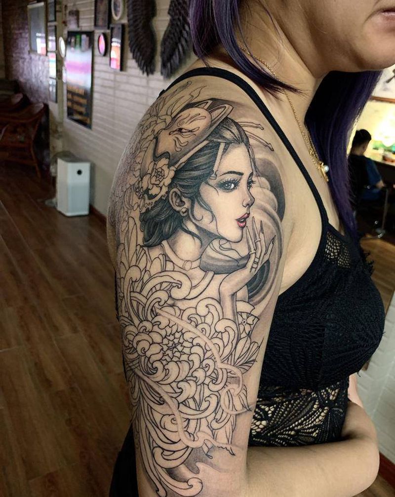 艺妓遮盖纹身图片_手臂新传统纹身图案