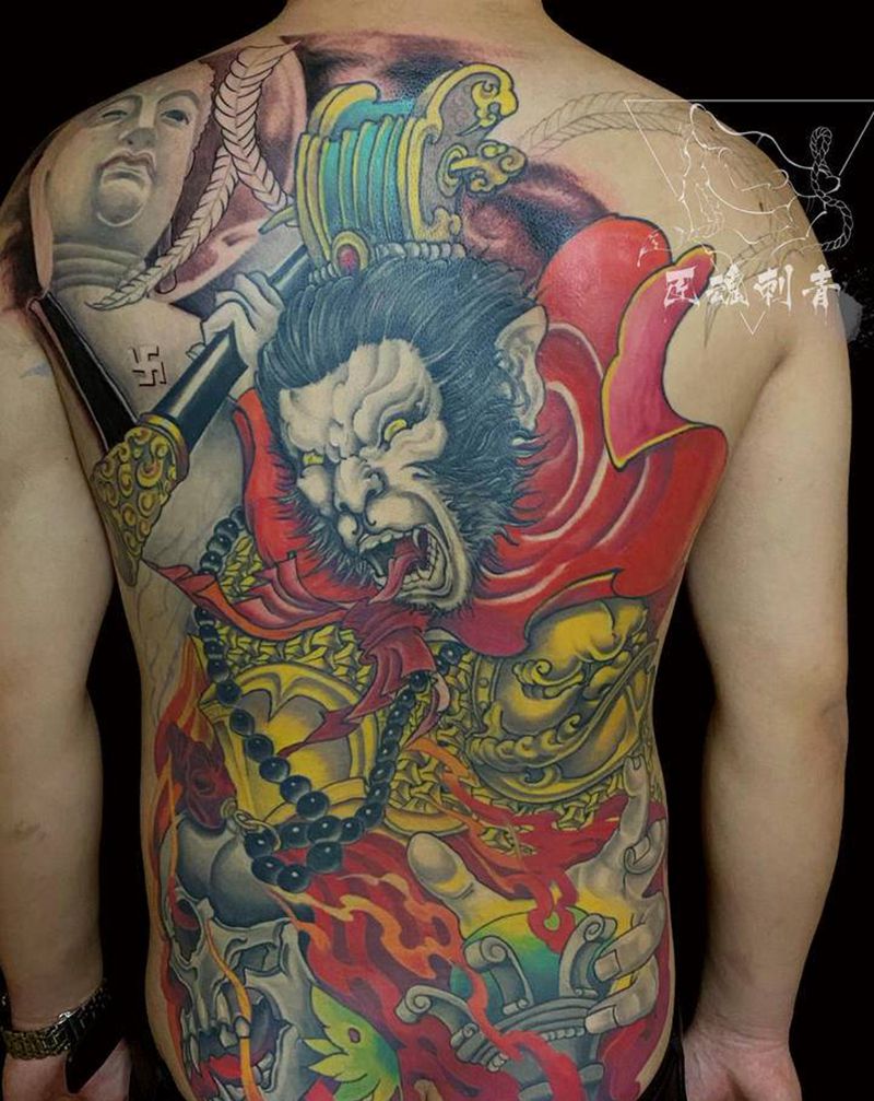 满背齐天大圣纹身图片_背部新传统纹身图案