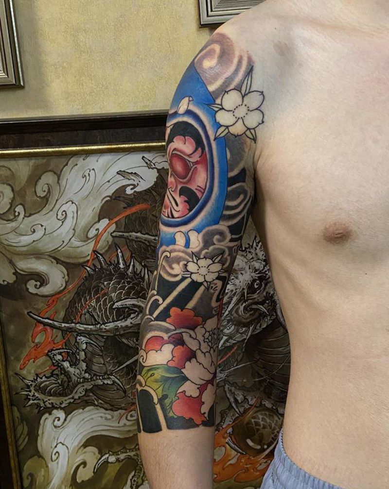 七分袖达摩蛋纹身图片_手臂老传统新传统纹身图案