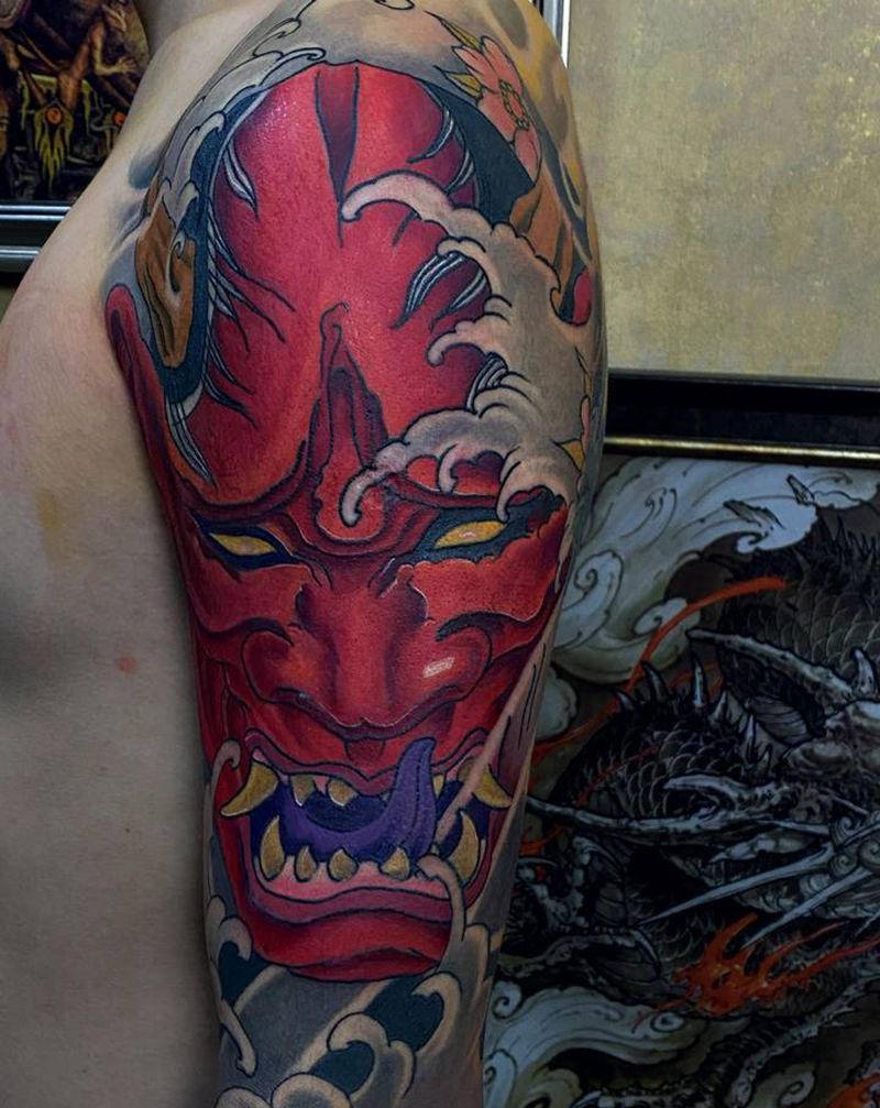 般若花臂完成纹身图片_手臂新传统纹身图案