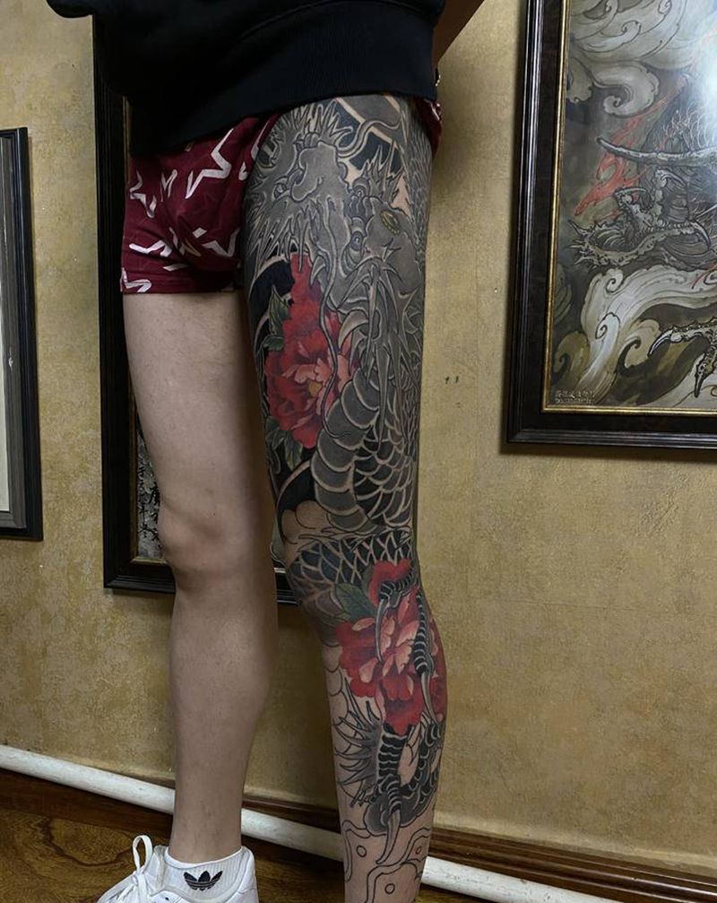 老传统花腿龙。纹身图片_腿部老传统新传统纹身图案