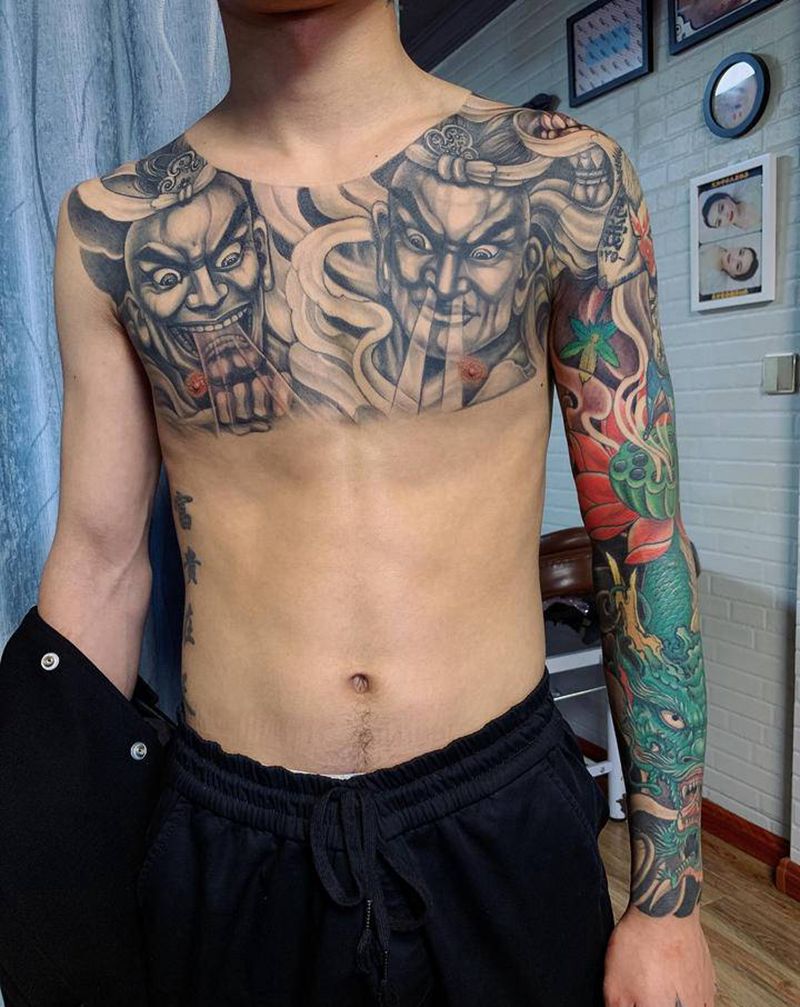 花胸花臂纹身图片_肩部胸部新传统纹身图案