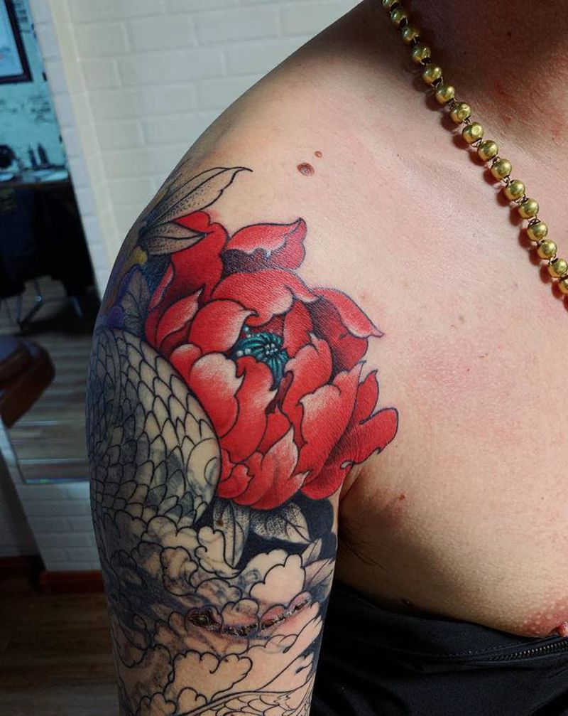 蛇牡丹花臂纹身图片_手臂新传统蛇 牡丹纹身图案