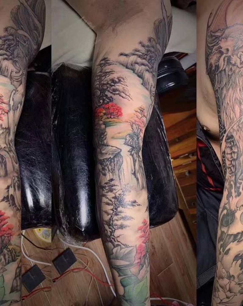 山水花臂纹身图片_山水 麒麟纹身图案