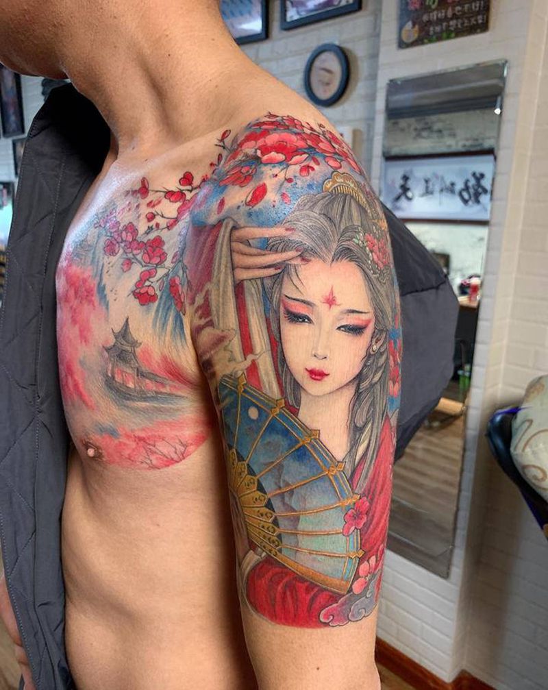 古风美女半甲纹身图片_肩部胸部新传统古风美女纹身图案