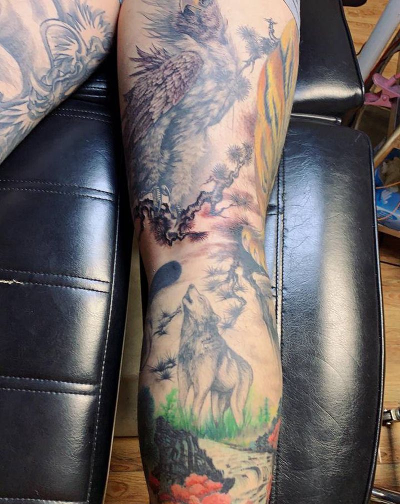 花腿纹身图片_腿部新传统欧美写实鹰狼老虎纹身图案