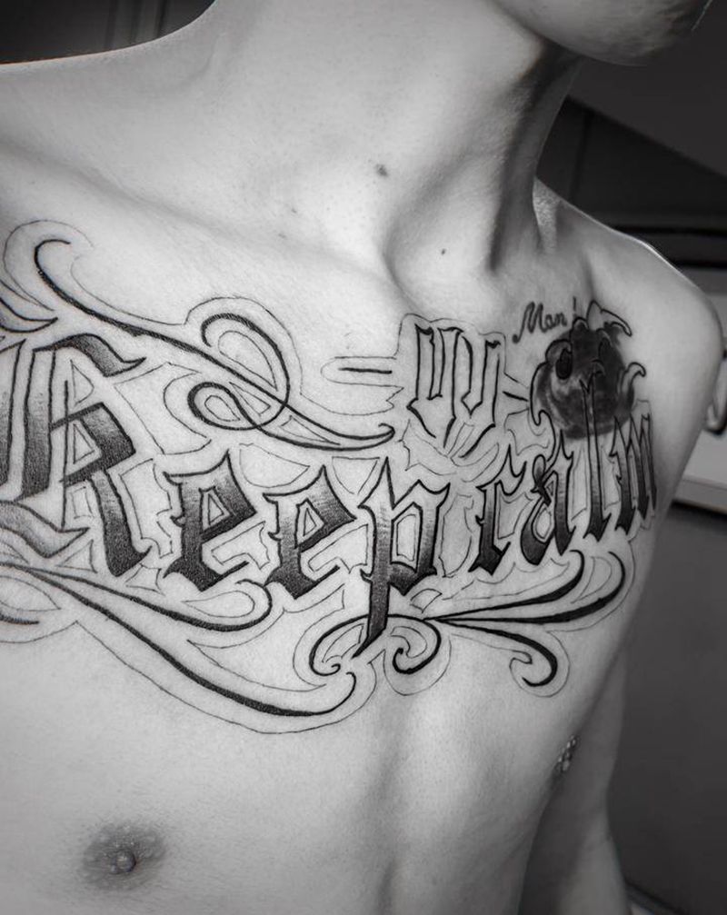 胸纹身图片_胸部花体字纹身图案